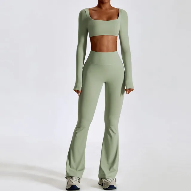 Workout Sportswear Gym Clothing Fitness Long Sleeve Crop Top High Waist Leggings Sports Set