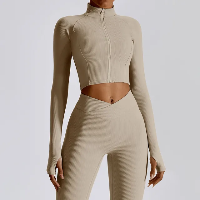 Full Zip-up Workout Running Fitness Jacket with Thumb Holes Stretchy Fitted  Crop Tops Activewear-Zieline