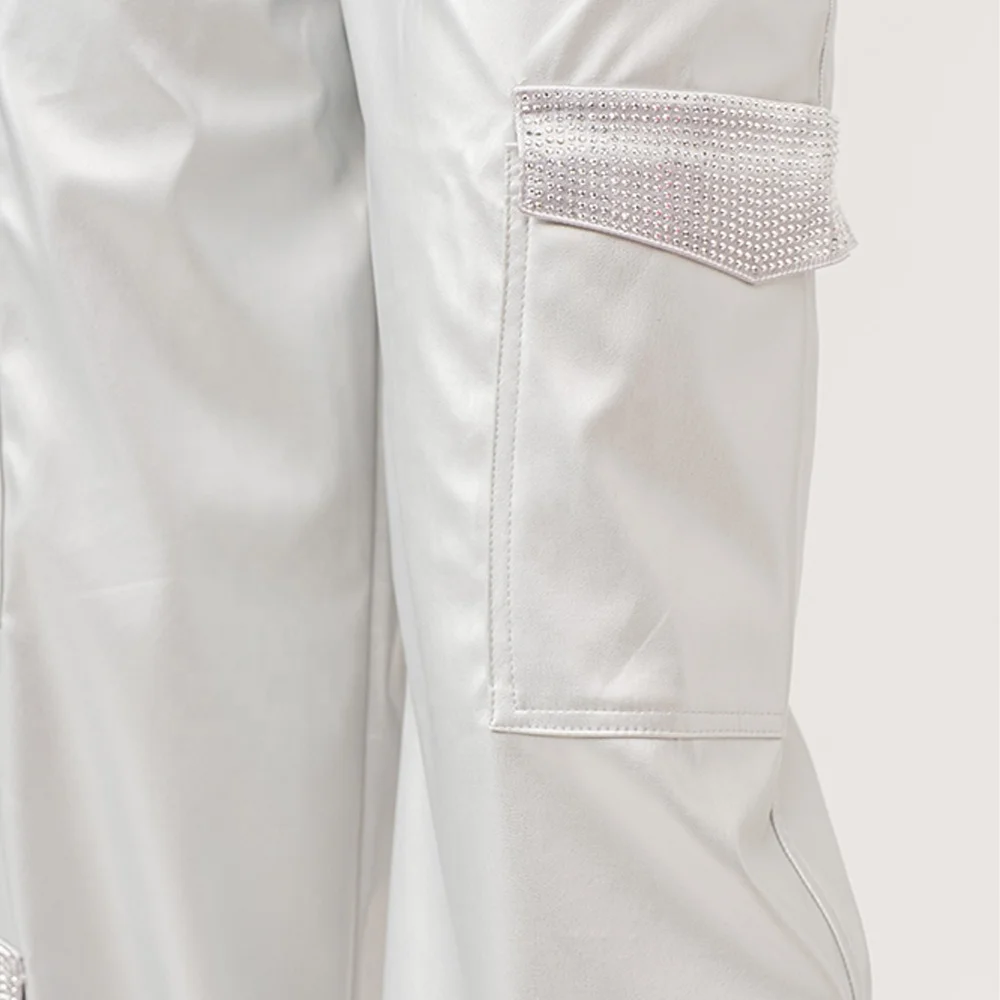 High Waist Patched Rhinestone Wide Legs Side Baggy Leather Cargo Pants