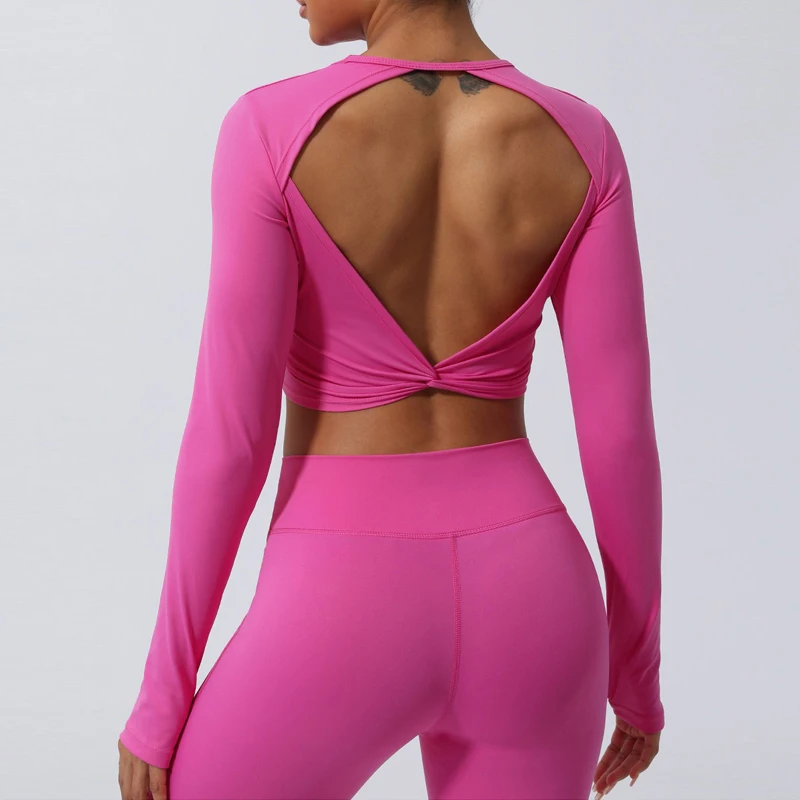 Sexy Backless Long Sleeve Yoga Quick Dry Sportswear Women Back Cross SportsTops-Zieline