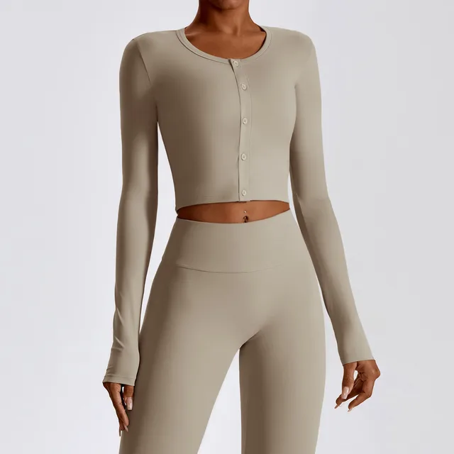 Button Long Sleeve Slim Tight Coat Quick Drying Sportwear Fitness Top