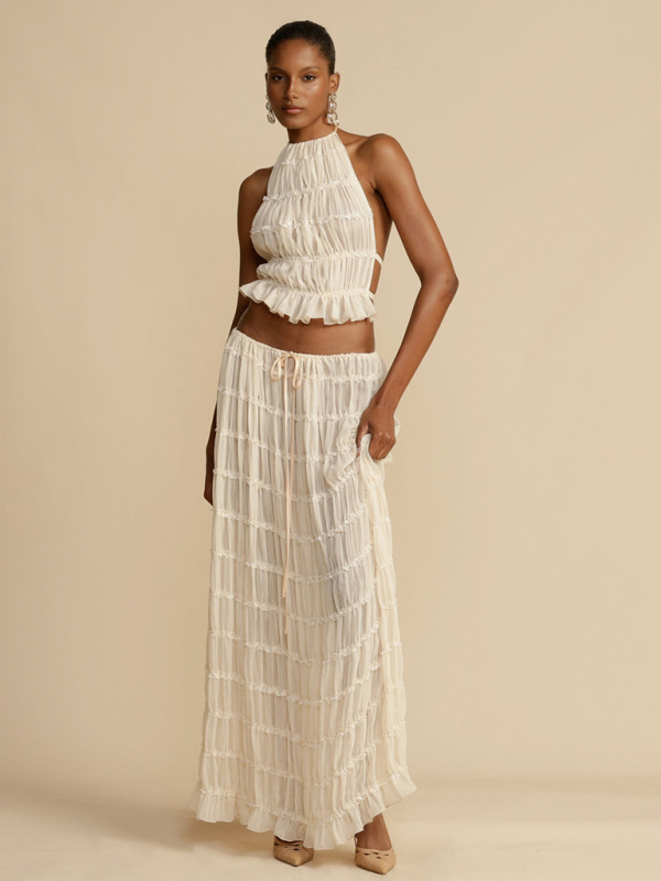 Backless lace-up halter top set and two-piece chiffon pleated long skirt with earrings-Zieline