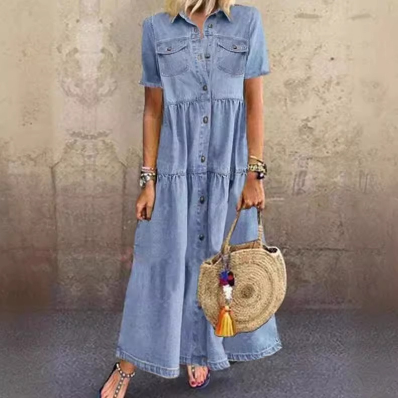 Casual Collared Short Sleeve Midi Dress