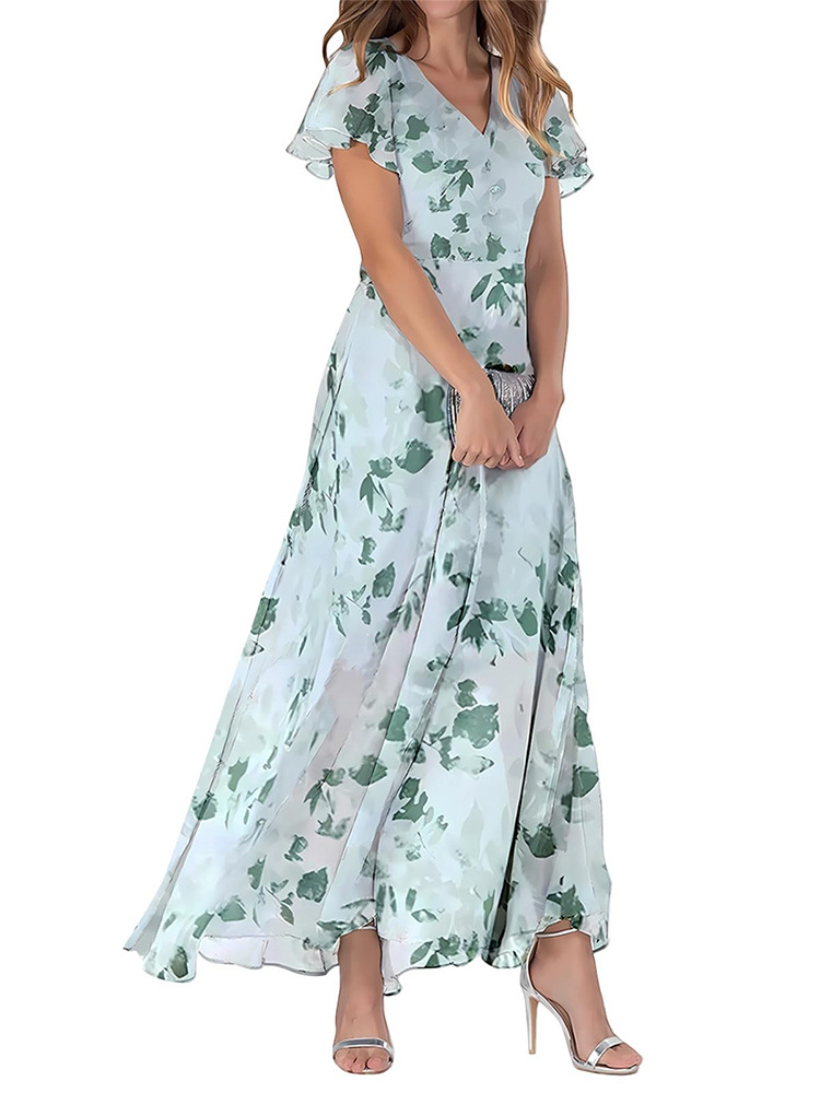 Floral Ruffle V Neck Maxi Dress