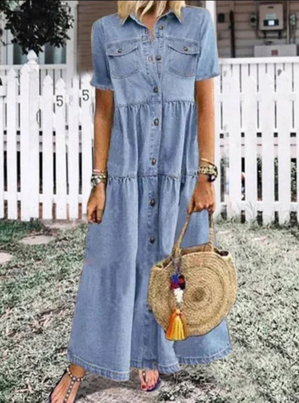 Casual Collared Short Sleeve Midi Dress