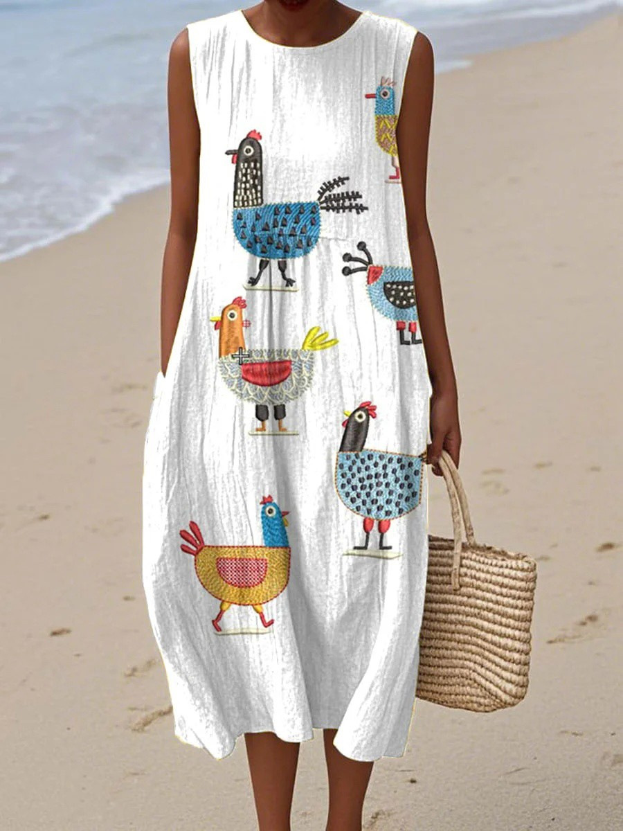 Women's Funny Vintage Chicken Art Print Crew Neck Sleeveless Dress