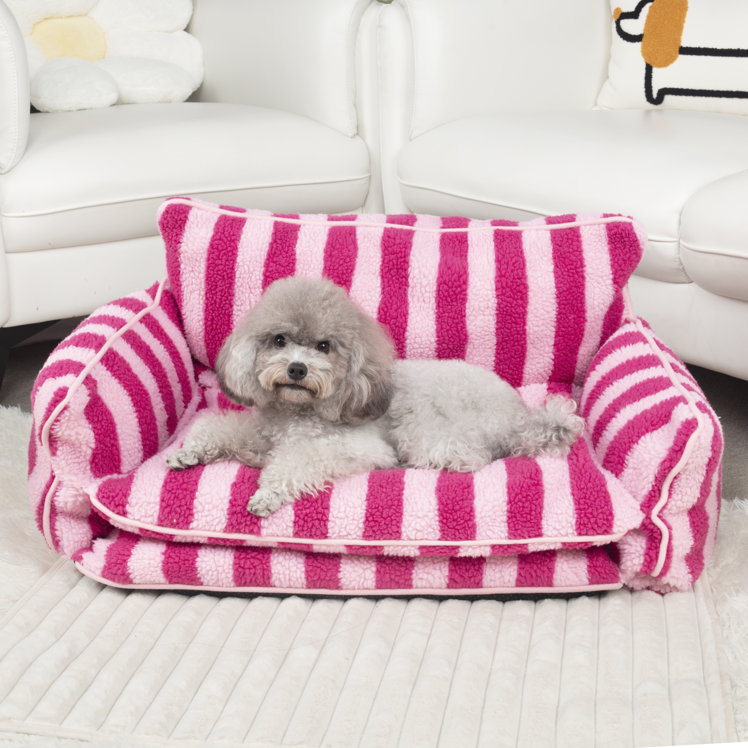 Trendy Striped Faux Lambswool Double Layer Dog & Cat Sofa Bed