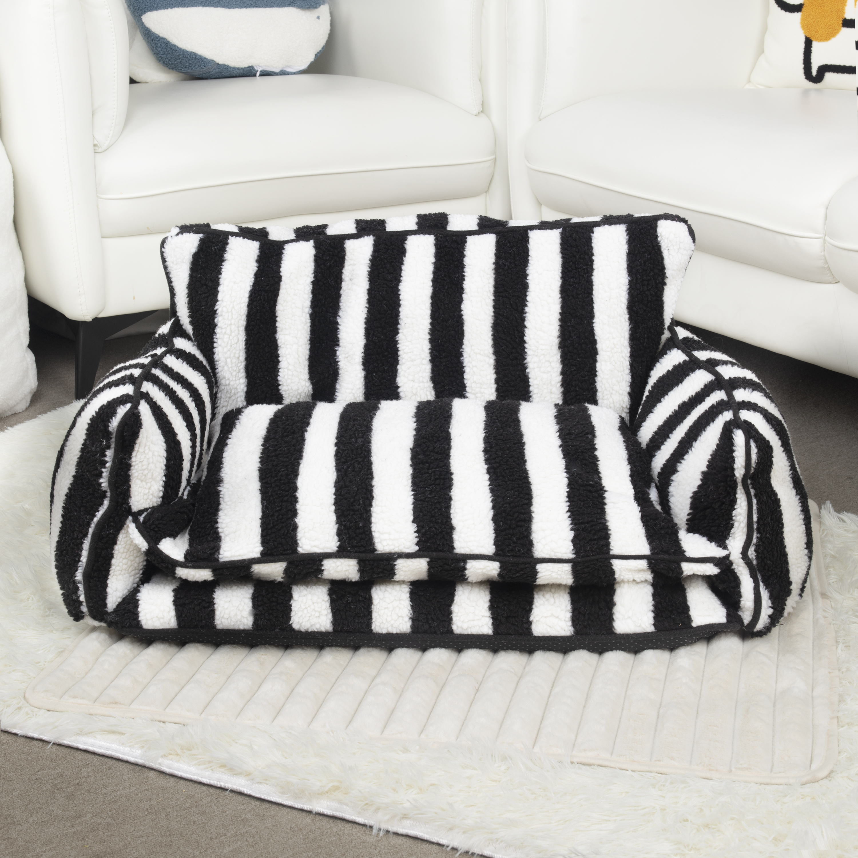Trendy Striped Faux Lambswool Double Layer Dog & Cat Sofa Bed 