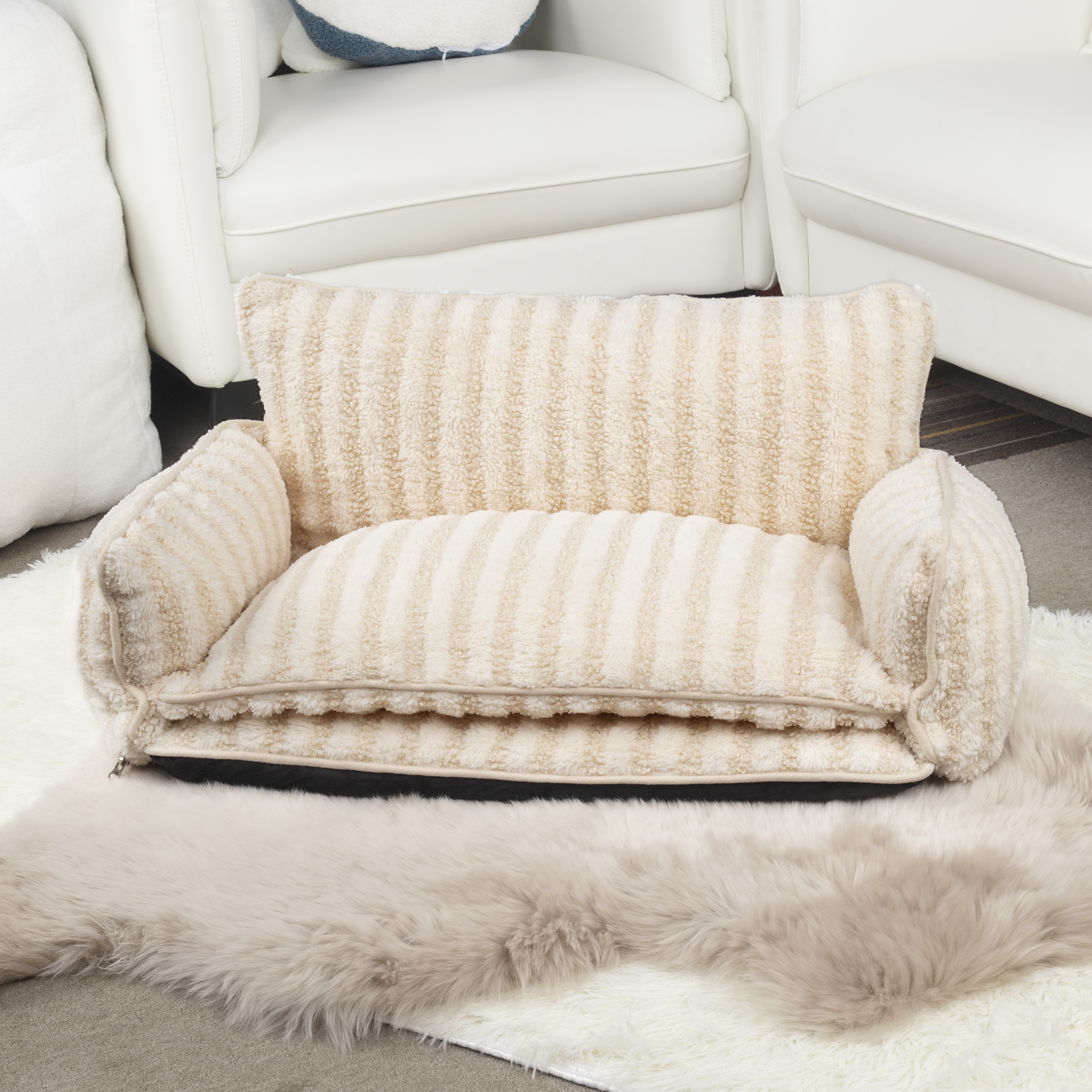 Trendy Striped Faux Lambswool Double Layer Dog & Cat Sofa Bed 