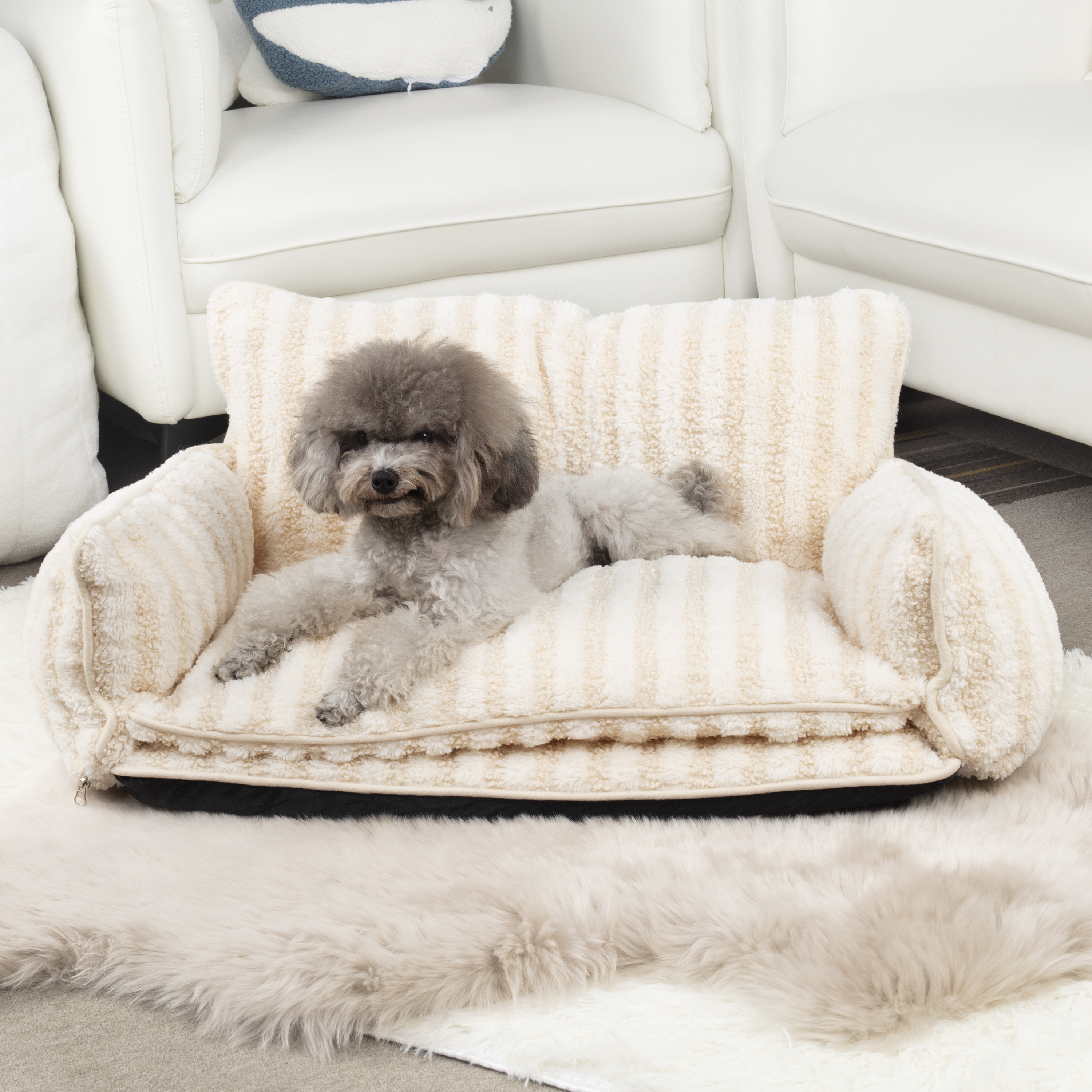 Trendy Striped Faux Lambswool Double Layer Dog & Cat Sofa Bed 