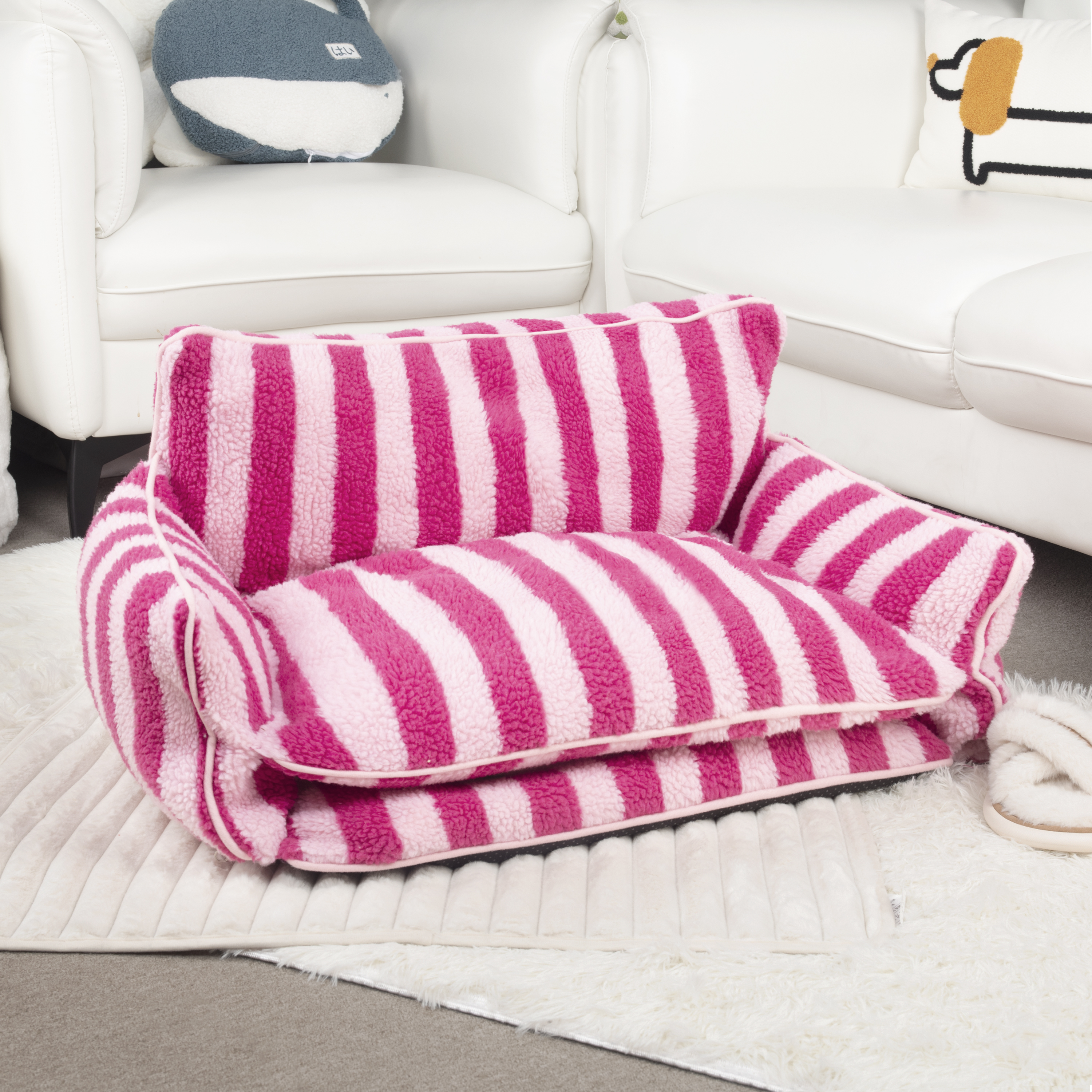 Trendy Striped Faux Lambswool Double Layer Dog & Cat Sofa Bed 
