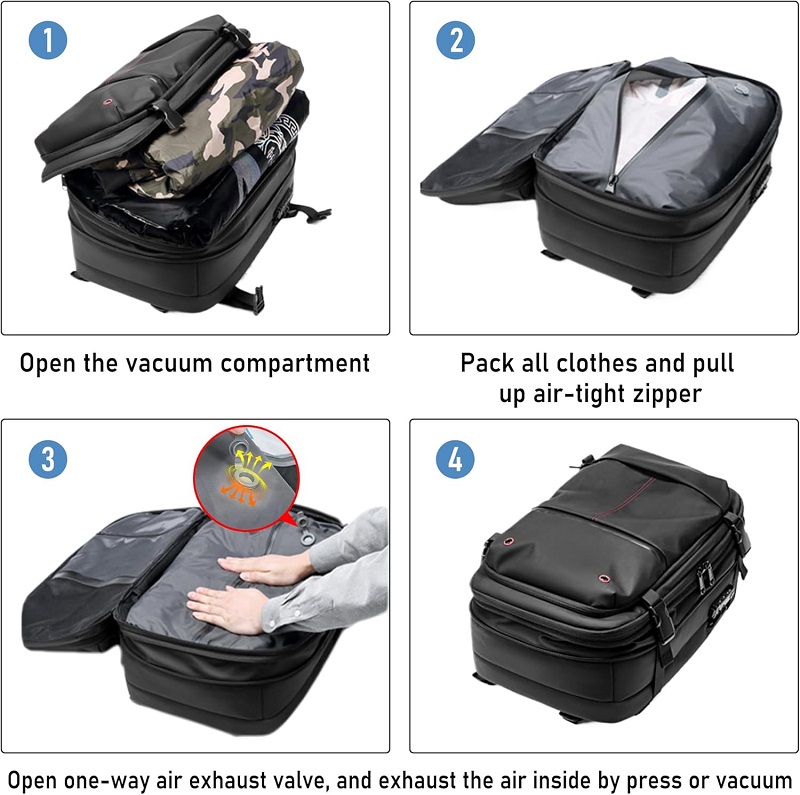 60L Expandable Vacuum Compression Backpack with USB Charging Port and Lock for Travel