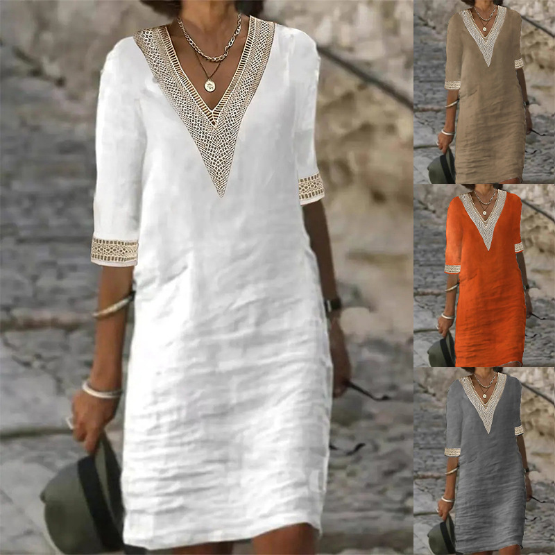 Women Cotton Linen Solid V Neck Patchwork Half Sleeve Shift Dress 🔥