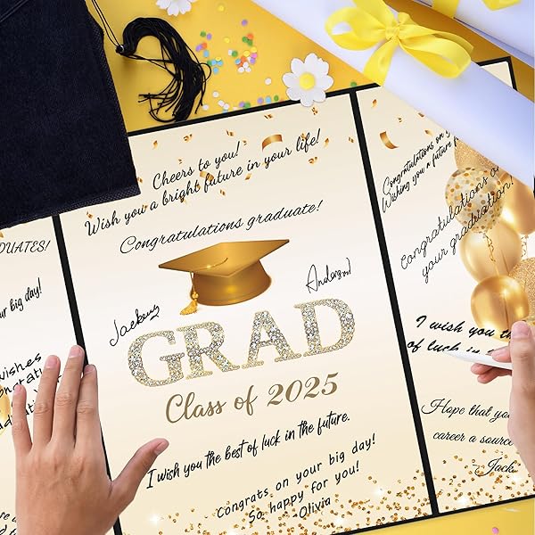 DARUNAXY Black Gold Graduation Party Decorations, 2PCS Class of 2025 Congratulations Graduates Alternative Signature Guest Book for Men Women Graduation Gifts Congrats Grad Party Signing Card Board