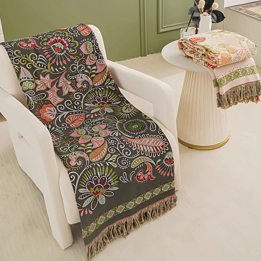 Reversible Boho Blanket, Cotton Gauze, Floral Design, Lightweight with Tasselled Edges