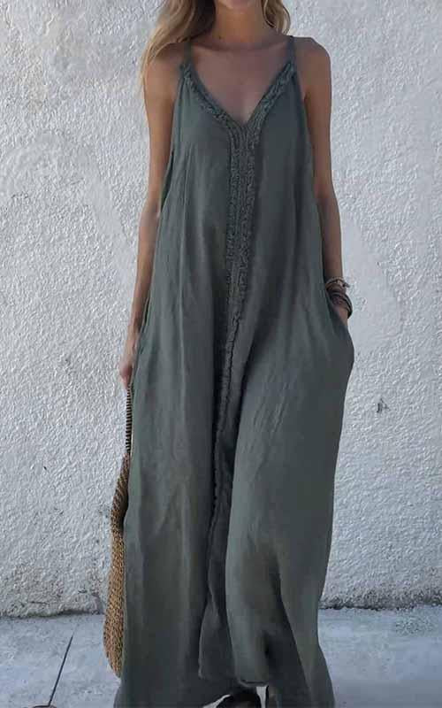 Women's V-neck Solid Color Cotton and Linen Suspender Dress