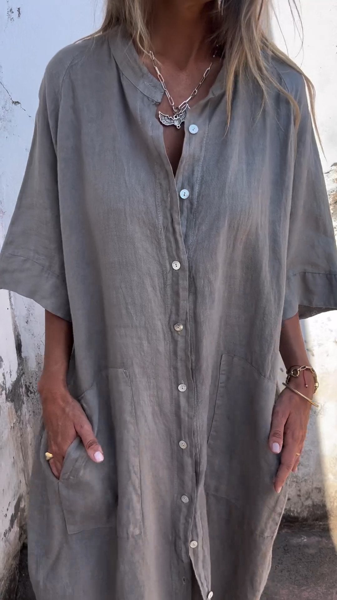 Cotton and Linen Shirt Dress with Pockets Long Skirt Hemp Gray