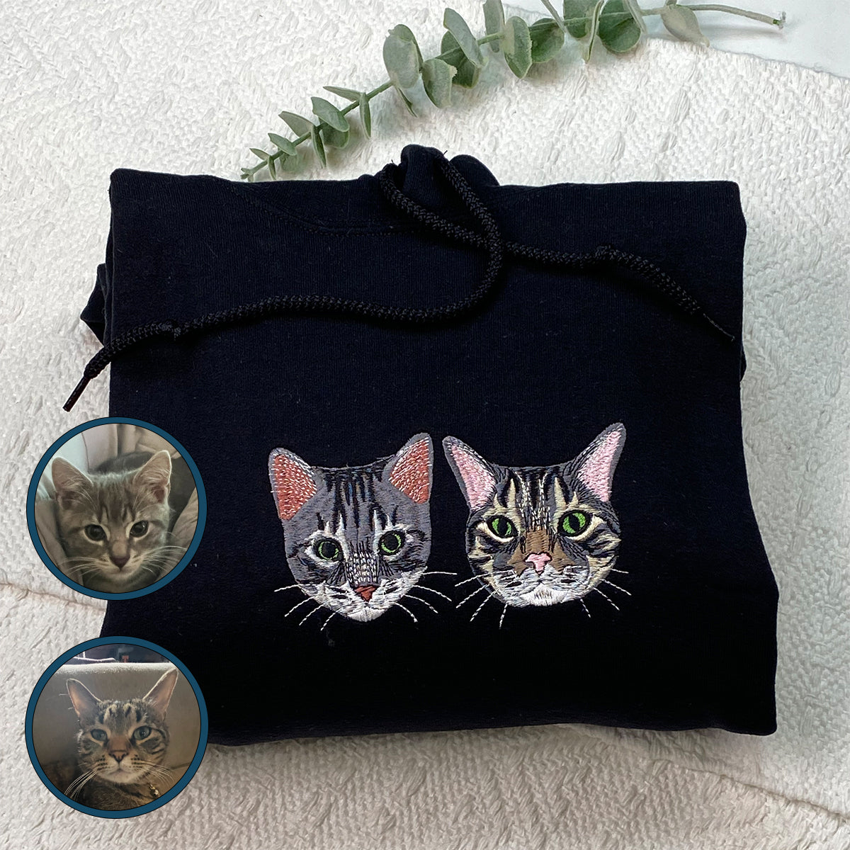 Custom Embroidered Cat Portrait Sweatshirt Hoodie Using Cat Photo, Best for Cat Lover