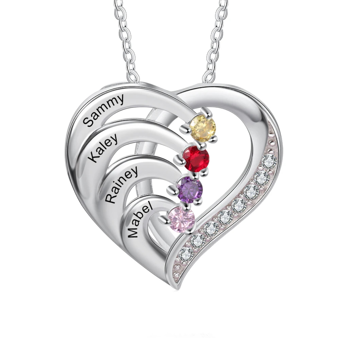 Personalised 1-6 Name Heart Necklace With Birthstone