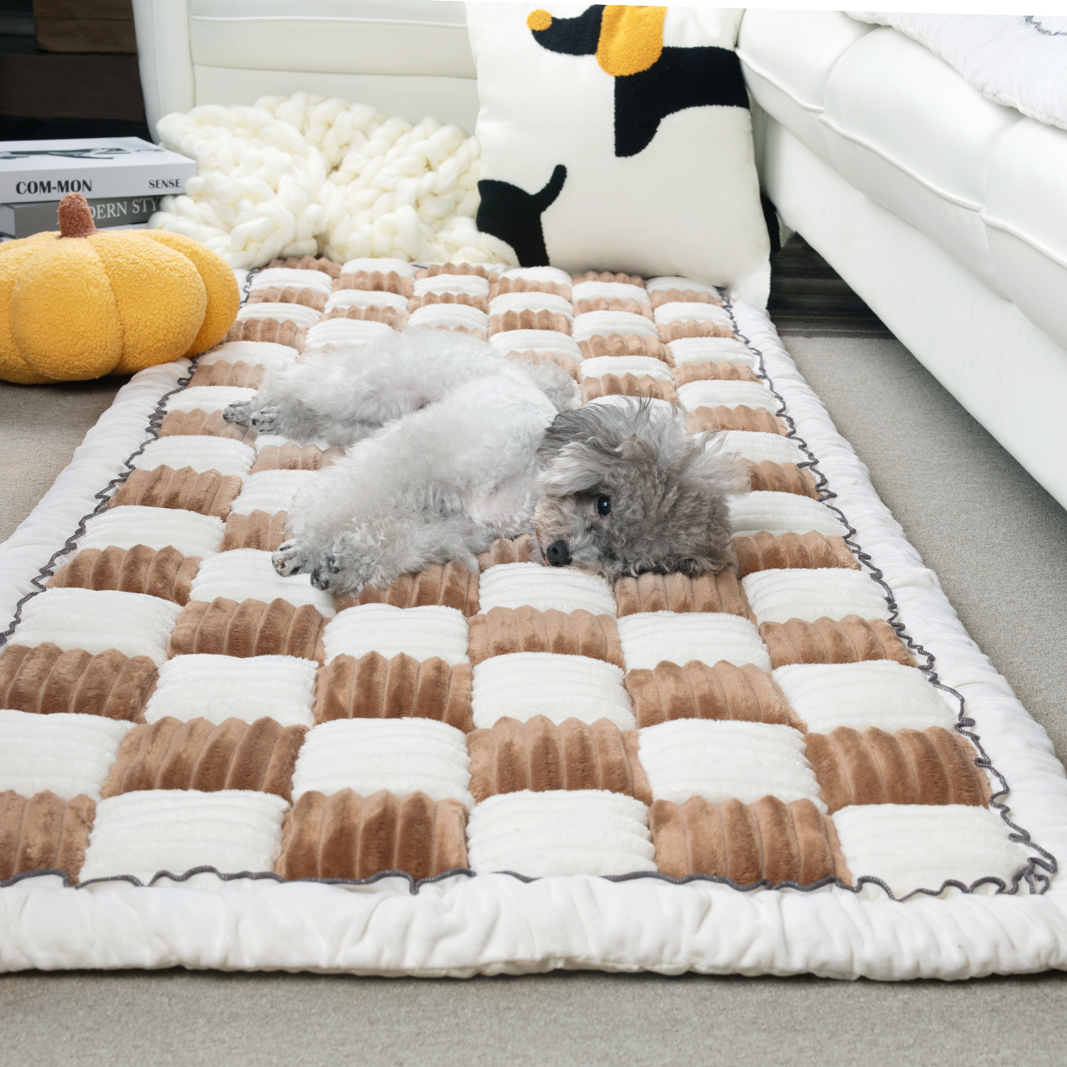 Cream-coloured Large Plaid Square Pet Mat Bed Couch Cover
