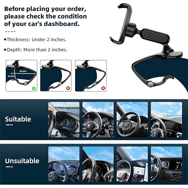 Car Phone Holder Mount for Dashboard 360 Degree Rotation Multifunctional Cell Phone Clip Design Phone Mount Compatible with 4-7 inch Smartphones (Black)