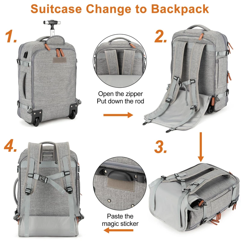 Rolling Backpack for Women Men,Travel Backpack with Wheels, Carry on Backpack with 4 Packing Cubes