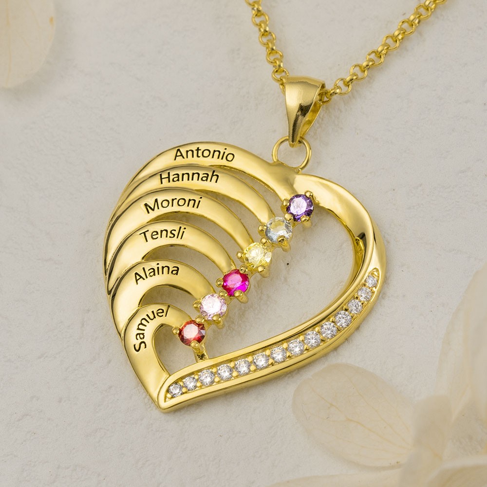Personalised 1-6 Name Heart Necklace With Birthstone