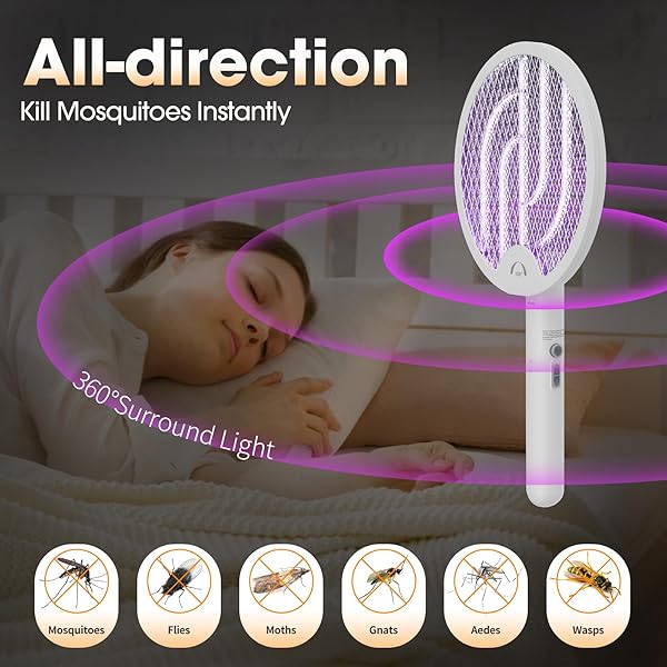 Electric Racket Bug Zapper Racket 3 in 1 Rechargeable Foldable Mosquito Swatter for Indoor and Outdoor