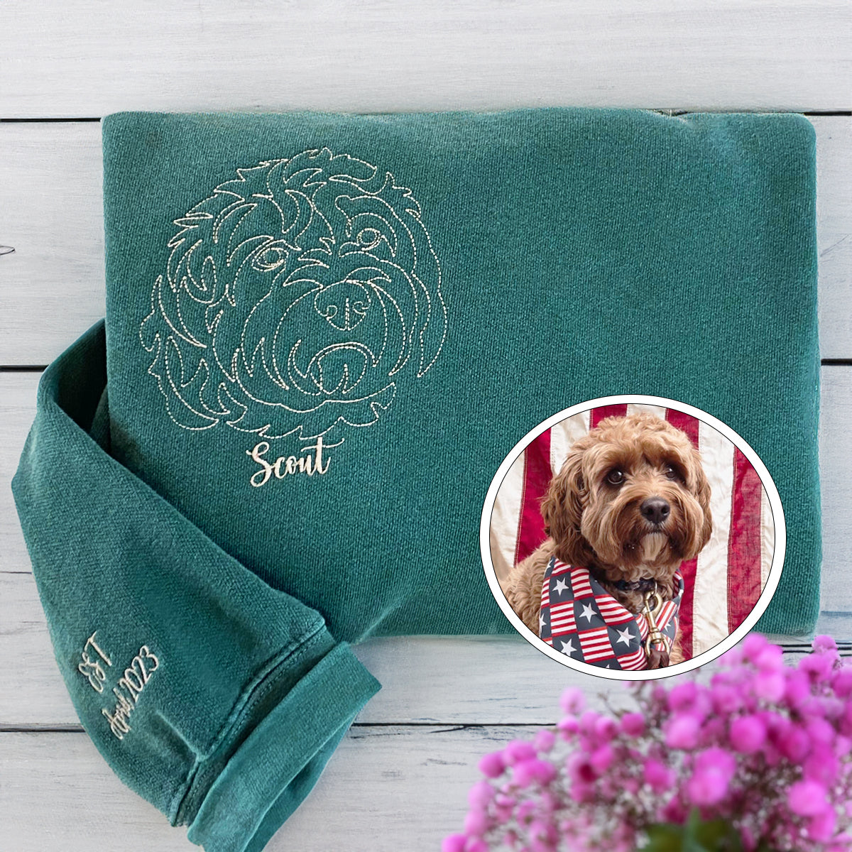 Custom Embroidered Outline Dog Sweatshirt Using Your Photo with Dog Name