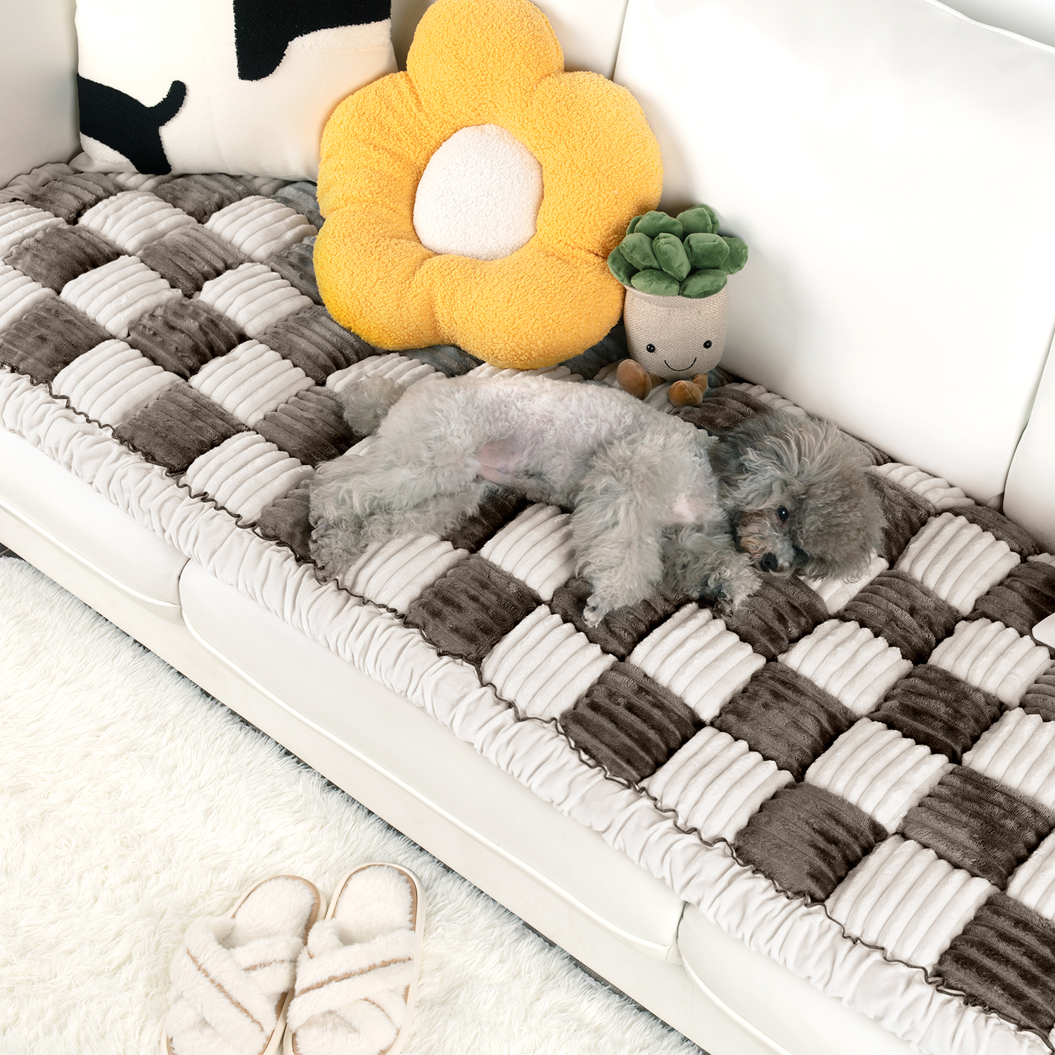 Cream-coloured Large Plaid Square Pet Mat Bed Couch Cover