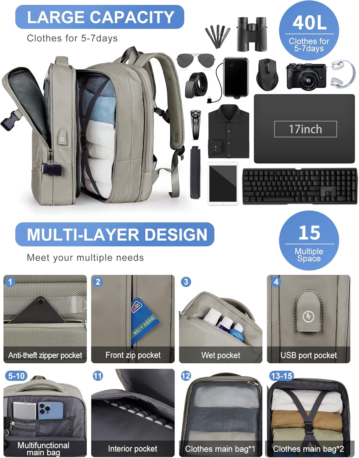 Large Backpack with Shoe Compartment,Waterproof Hiking Carry on Travel Backpack