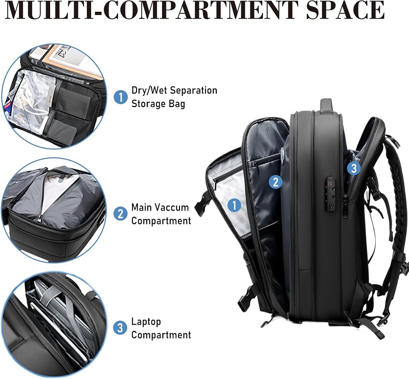 60L Expandable Vacuum Compression Backpack with USB Charging Port and Lock for Travel