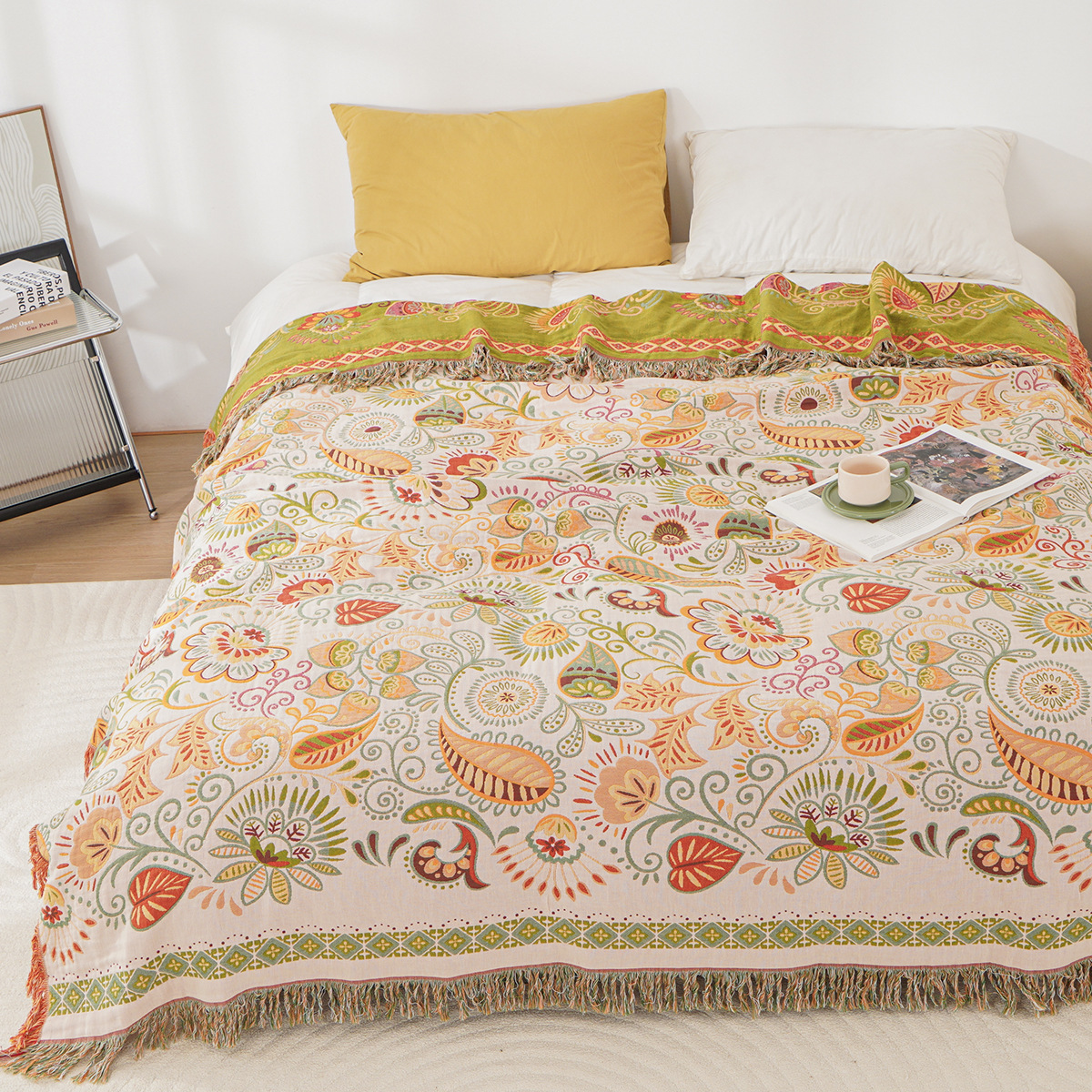 Reversible Boho Blanket, Cotton Gauze, Floral Design, Lightweight with Tasselled Edges