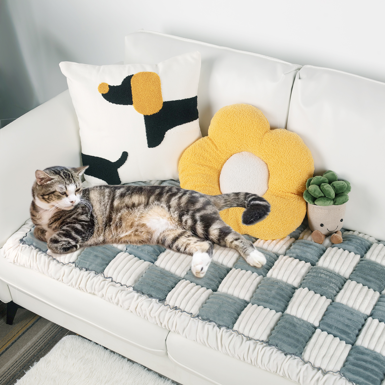 Cream-coloured Large Plaid Square Pet Mat Bed Couch Cover