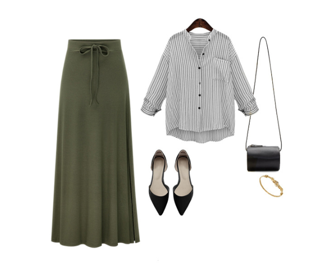 Women Pleated Long Skirt Fashion Slit Belted Maxi Skirt