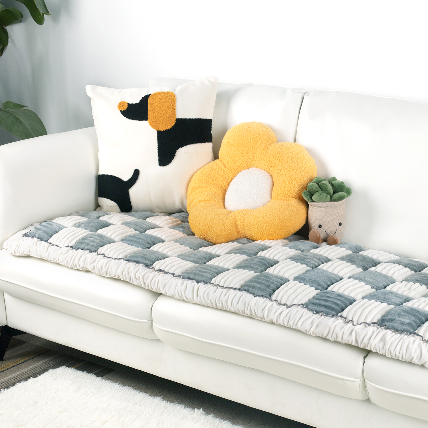 Cream-coloured Large Plaid Square Pet Mat Bed Couch Cover