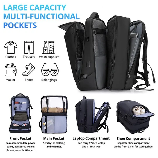 Travel Backpack for Men 50L Expandable Flight Approved Carry on Backpacks Luggage for Travel Water Resistant 17.3 inch Laptop Backpack with USB Charging Port