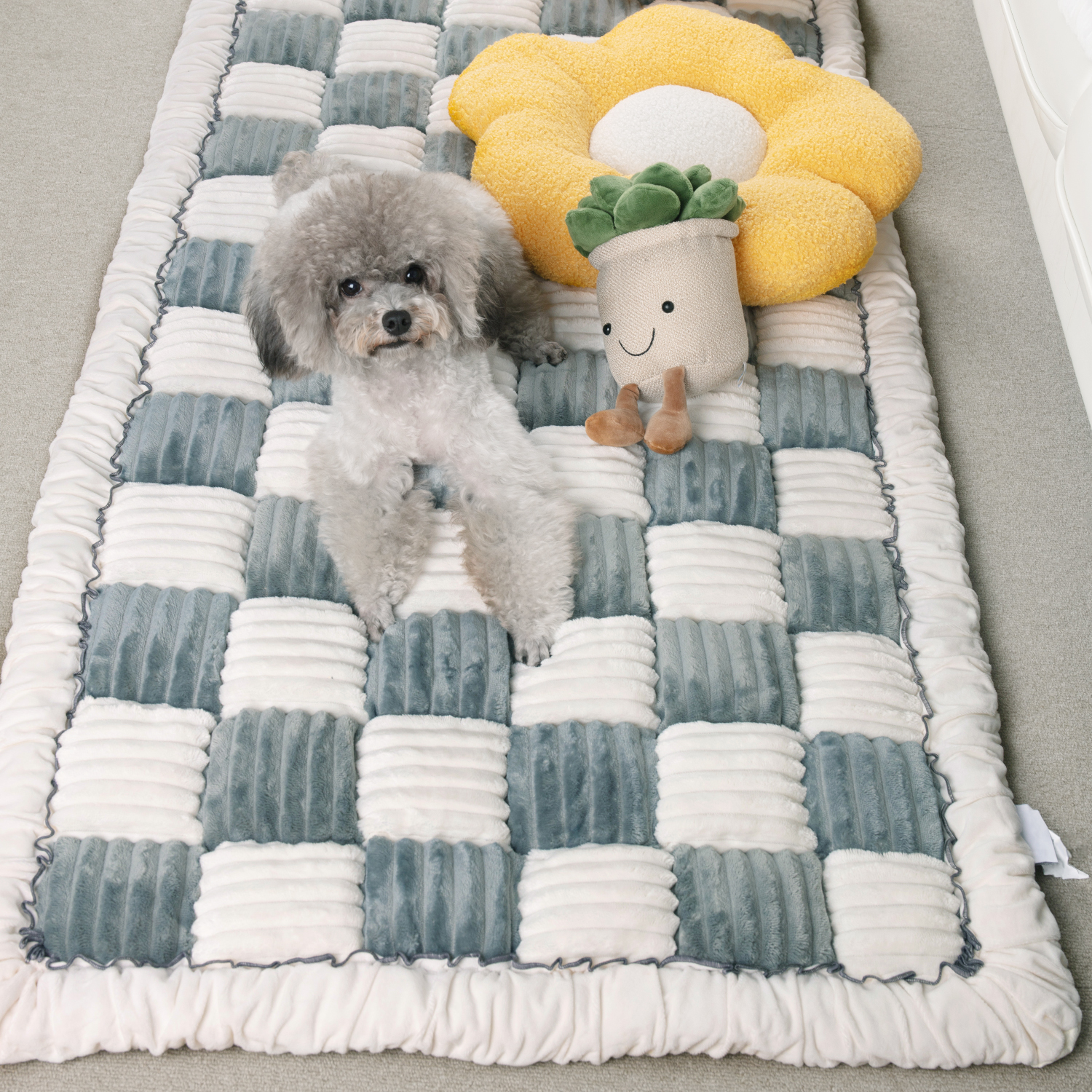Cream-coloured Large Plaid Square Pet Mat Bed Couch Cover