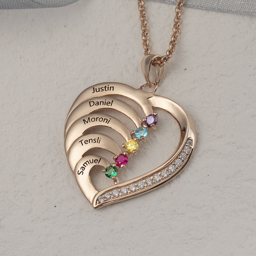 Personalised 1-6 Name Heart Necklace With Birthstone