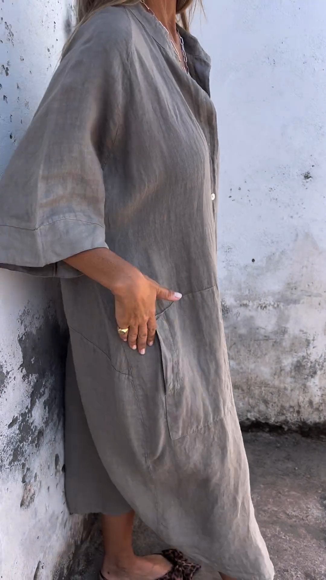  Cotton and Linen Shirt Dress with Pockets Long Skirt Hemp Gray 👗
