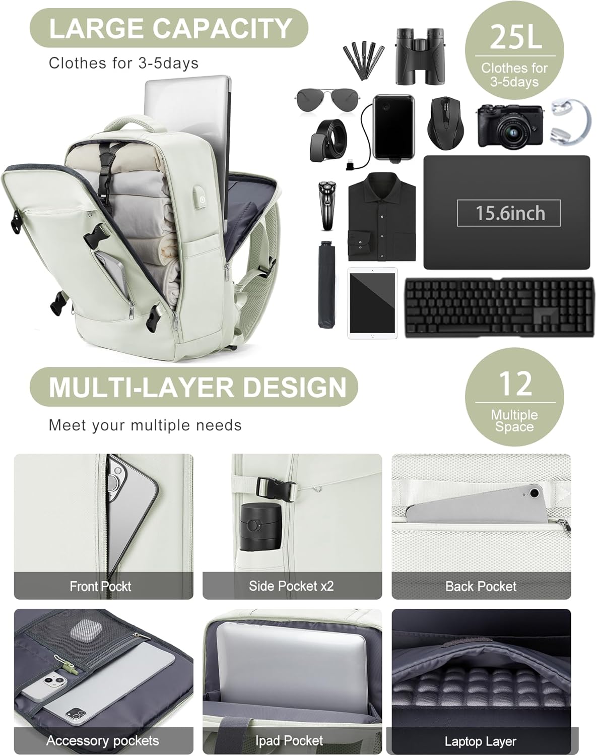 Large Backpack with Shoe Compartment,Waterproof Hiking Carry on Travel Backpack