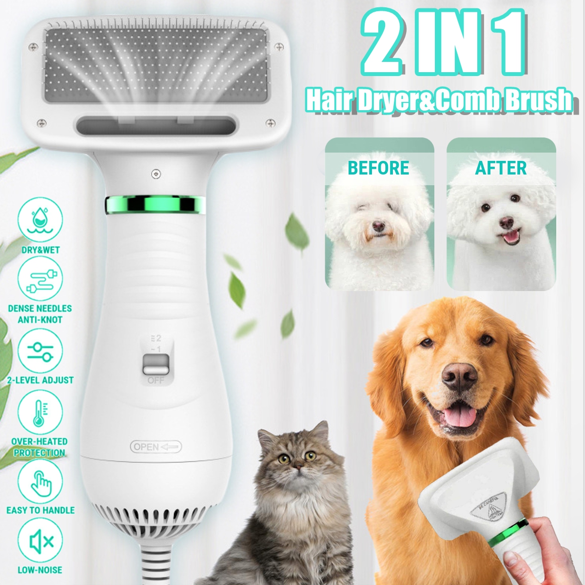 2 In 1 Pet Hair Dryer Blower Slicker Brush Portable Dog Cat Grooming Tool