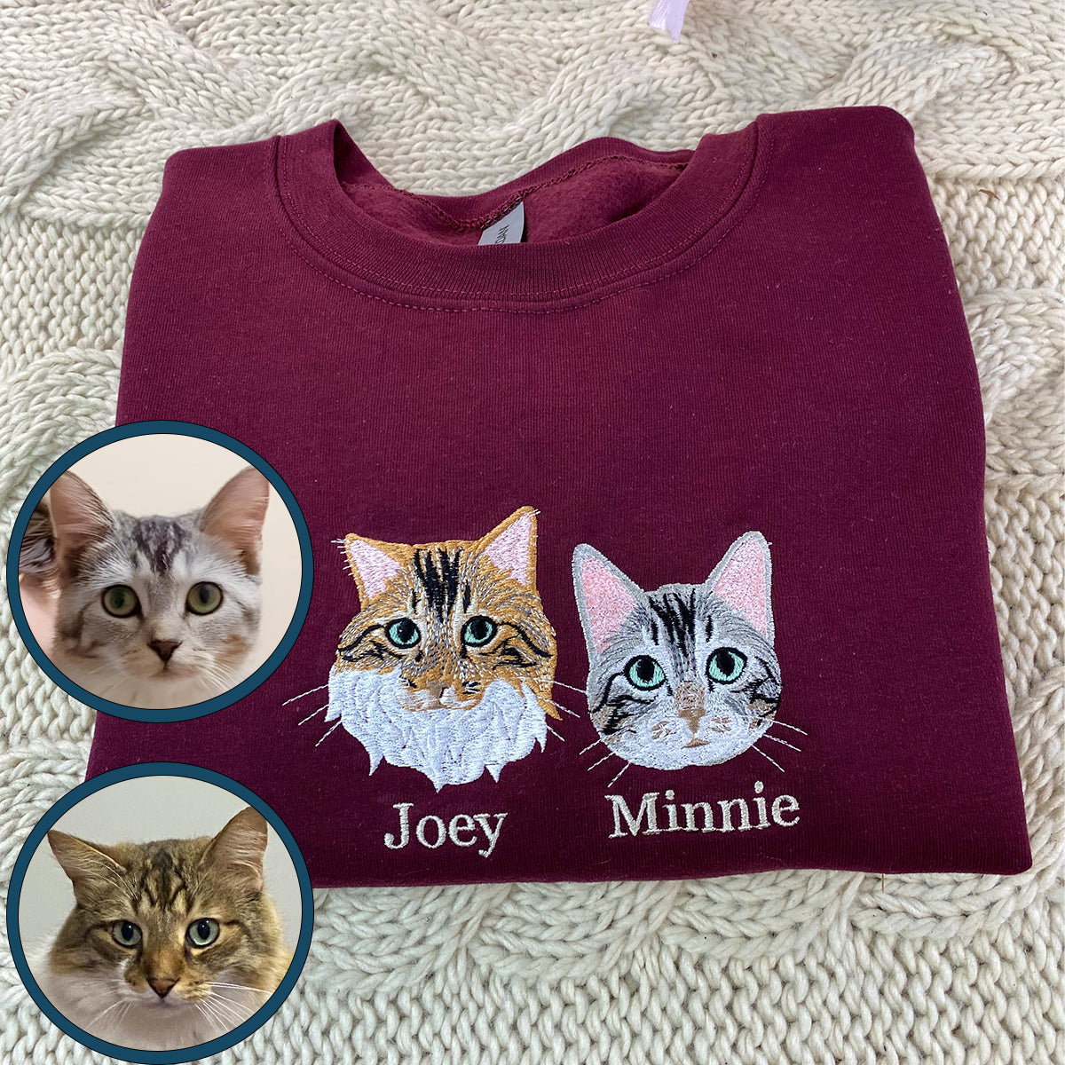 Custom Embroidered Cat Portrait Sweatshirt Hoodie Using Cat Photo, Best for Cat Lover