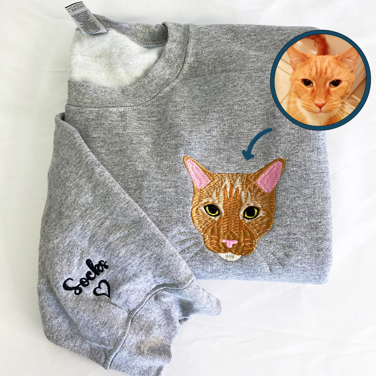Custom Embroidered Cat Portrait Sweatshirt Hoodie Using Cat Photo, Best for Cat Lover