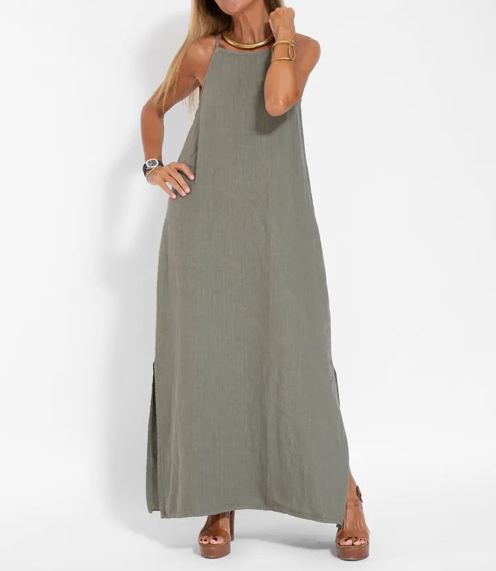 legant Solid Color Cotton Linen Sleeveless Long Dress