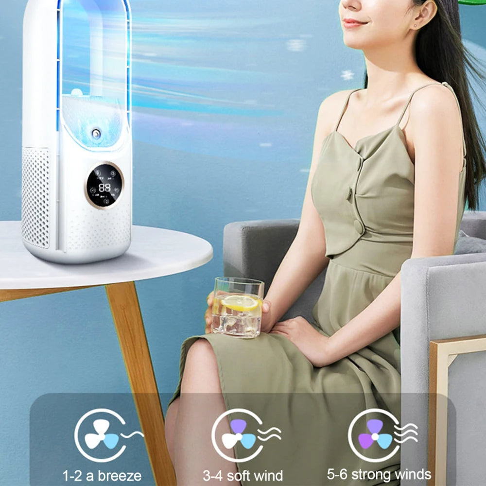 USB rechargeable bladeless portable air conditioner with LED controls
