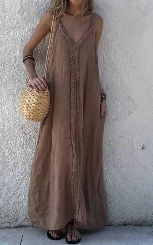 Women's V-neck Solid Color Cotton and Linen Suspender Dress 🔥