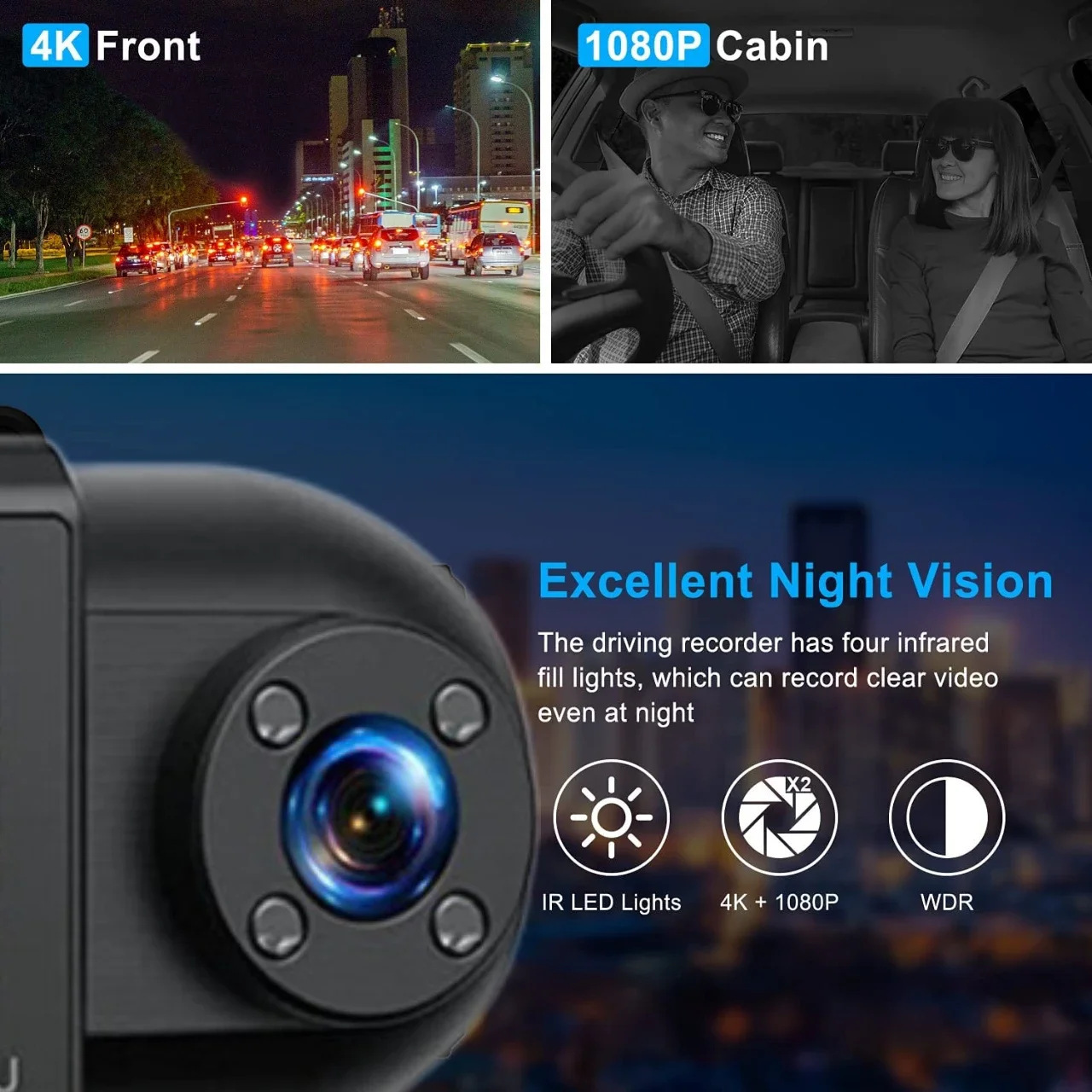 4k Dash Camera For Cars Driving Recorder Double Recording Wifi 