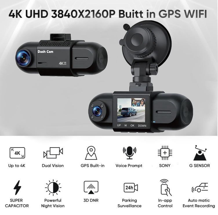4k Dash Camera For Cars Driving Recorder Double Recording Wifi 