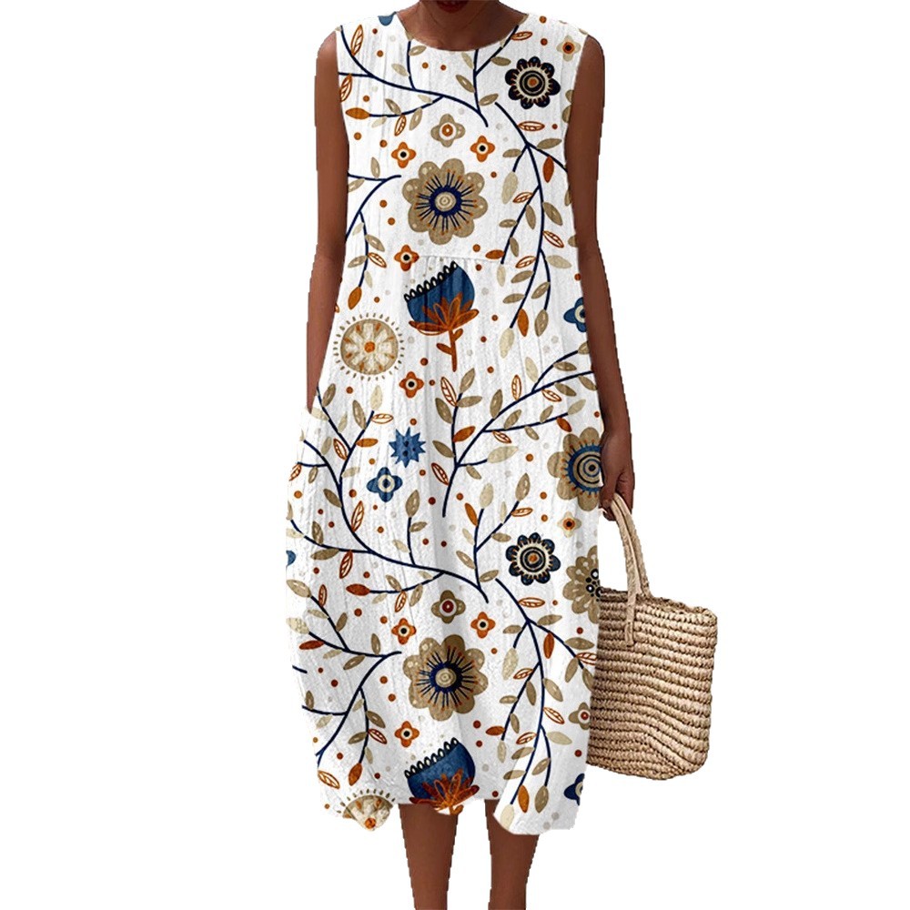 Women's Funny Vintage Chicken Art Print Crew Neck Sleeveless Dress